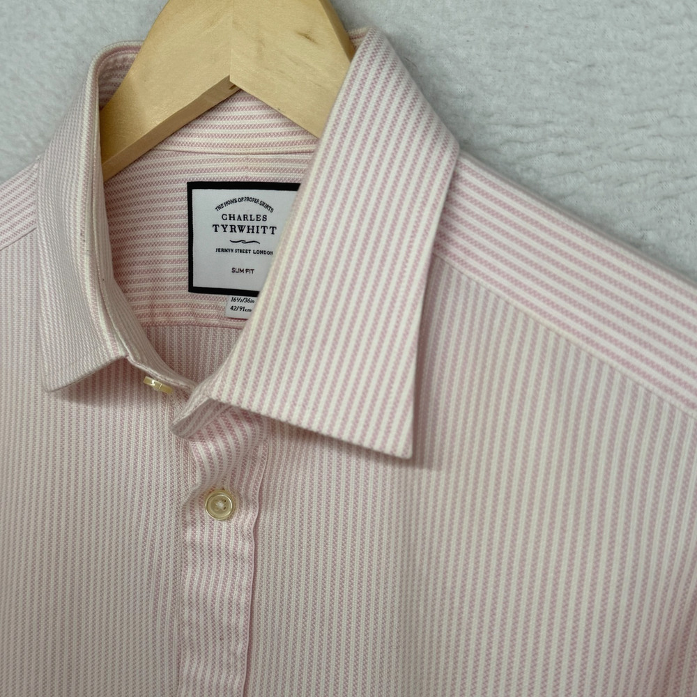 CHARLES TYRWHITT Shirt Mens 16.5 36 Slim Fit Dress Oxford Striped Button Up Pink